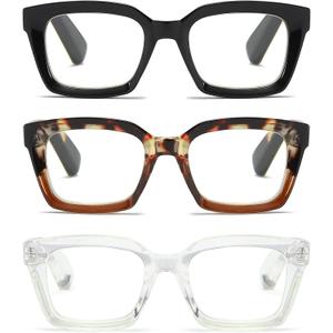 3 Pack Oversize Square Design Reading Glasses for Women, Blue Light Blocking Reader (Black&leopard&transparent)