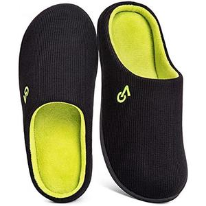 VeraCosy Men's Two-Tone Memory Foam House Slippers Indoor Outdoor Durable Rubber Sole Size 9-10 (Black/Neon Green)
