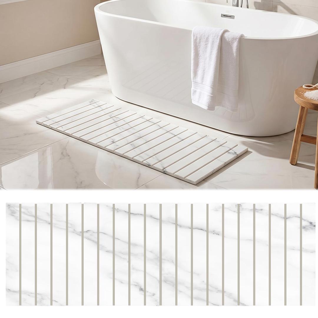 Ferrochef Long Foldable Stone Bath Mat, 47.2"x15.4", White Marble