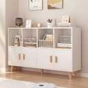 OSCHF Cubby Shelf Bookcase with Doors - Wooden 8 Cube Floor Standing Open Bookshelf with Solid Wood Legs, 2-Tier Low Storage Cabinet, Warm White