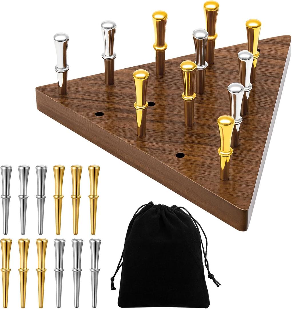 Estune 1 Set 4.3 Inch Walnut Wooden Triangle Peg Game Portable Board with Storage Bag Classical Peg Triangular Game for Adults Family Friends Home Winter Holiday Christmas Party
