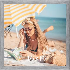 16x16 Wood Frame Gray, Rustic Natural Grey Wooden 16x16in Poster Picture Frame, Distressed 16 x 16inch Woodgrain Gallery Photo Frame with HD Plexiglass, Horizontal Vertical Wall Mounting Display 1pcs