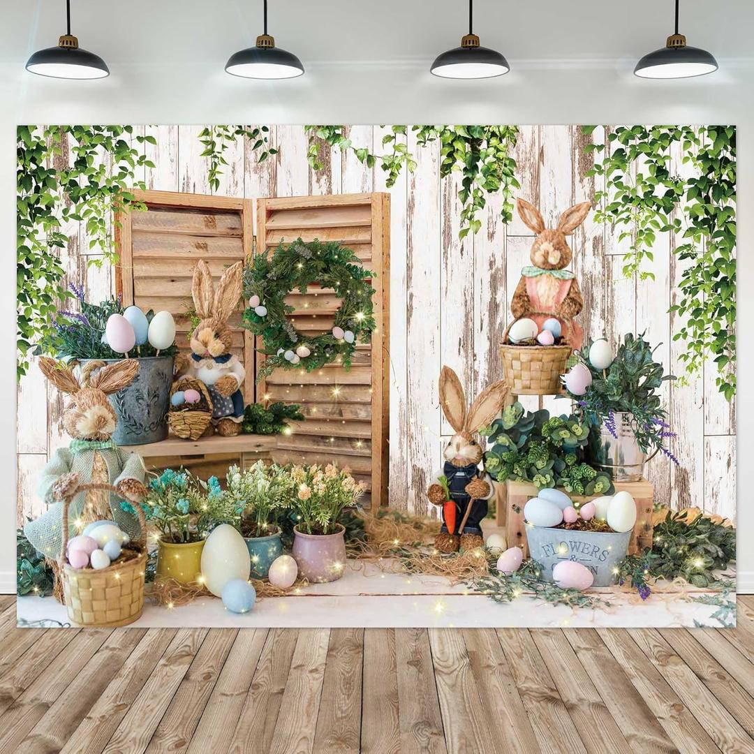 7x5ft Polyester Spring Easter Backdrop Rustic White Wooden Wall Colorful Eggs Rabbit Photography Background for Birthday Baby Shower Party Decor Portrait Banner Photo Booth Studio Props