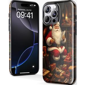 Christmas Phone Case for iPhone 16 Pro Max - Wireless Charging Compatible - Dual-Layer Hard Shell + Silicone Cover - Protective Cover with Cutee Designs for Women - Santa Claus Gives Gifts
