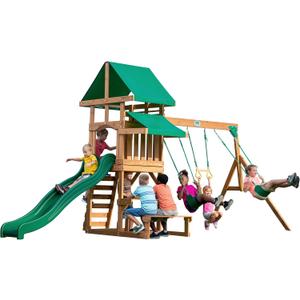 Backyard Discovery Belmont Cedar Wood Swing Set with Wave Slide, Play Deck, Rock Wall Ladder, Snack Bar Window, Shaded Picnic Area, Bench, Belt Swings, Trapeze, Sandbox Area, Canopy, Outdoor Playset (Large, Green)