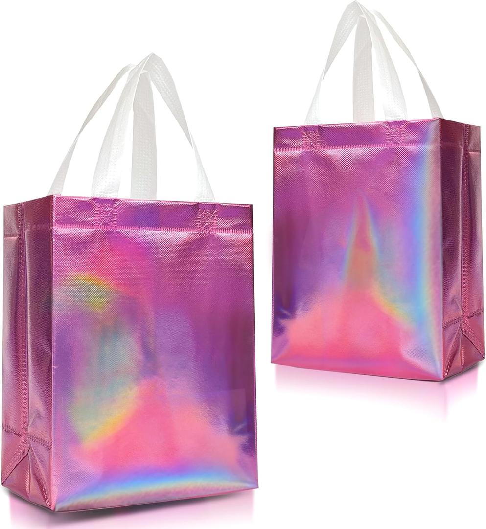 Nush Nush Reusable Pink Iridescent Gift Bags Medium Size  Set of 12 Holographic Pink Gift Bags With Handles - Birthday Gift Bags Bulk, Christmas Bags, Goodie Bags, Party Favor Bags  8x4x10 Size