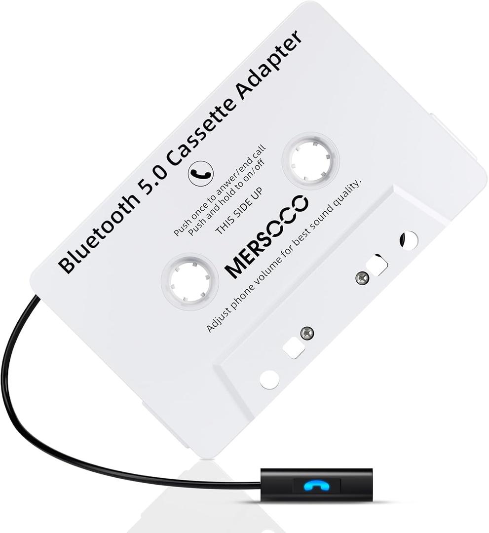 Car Audio Bluetooth 5.0 Cassette Receiver, Cassette Bluetooth Adapter for Car Tape Player, Wireless Cassette Aux Adapter with Hands-Free Calling, Universal Compatibility for Smartphone,Tablet(White)