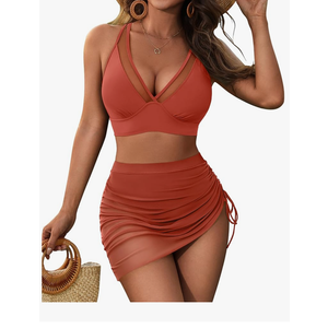 Blooming Jelly Womens Swim Skirt High Waisted Bikini Sets Tummy Control Swimsuits Mesh Sarong Wraps Bathing Suits Medium, Brick Red 