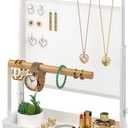 Jewelry Organizer Stand, Liftable Necklace Holder with Earring Organizer Net, 9 Hooks Necklaces Storage Wooden Handing Bar for Bracelets Watches Rings (White)