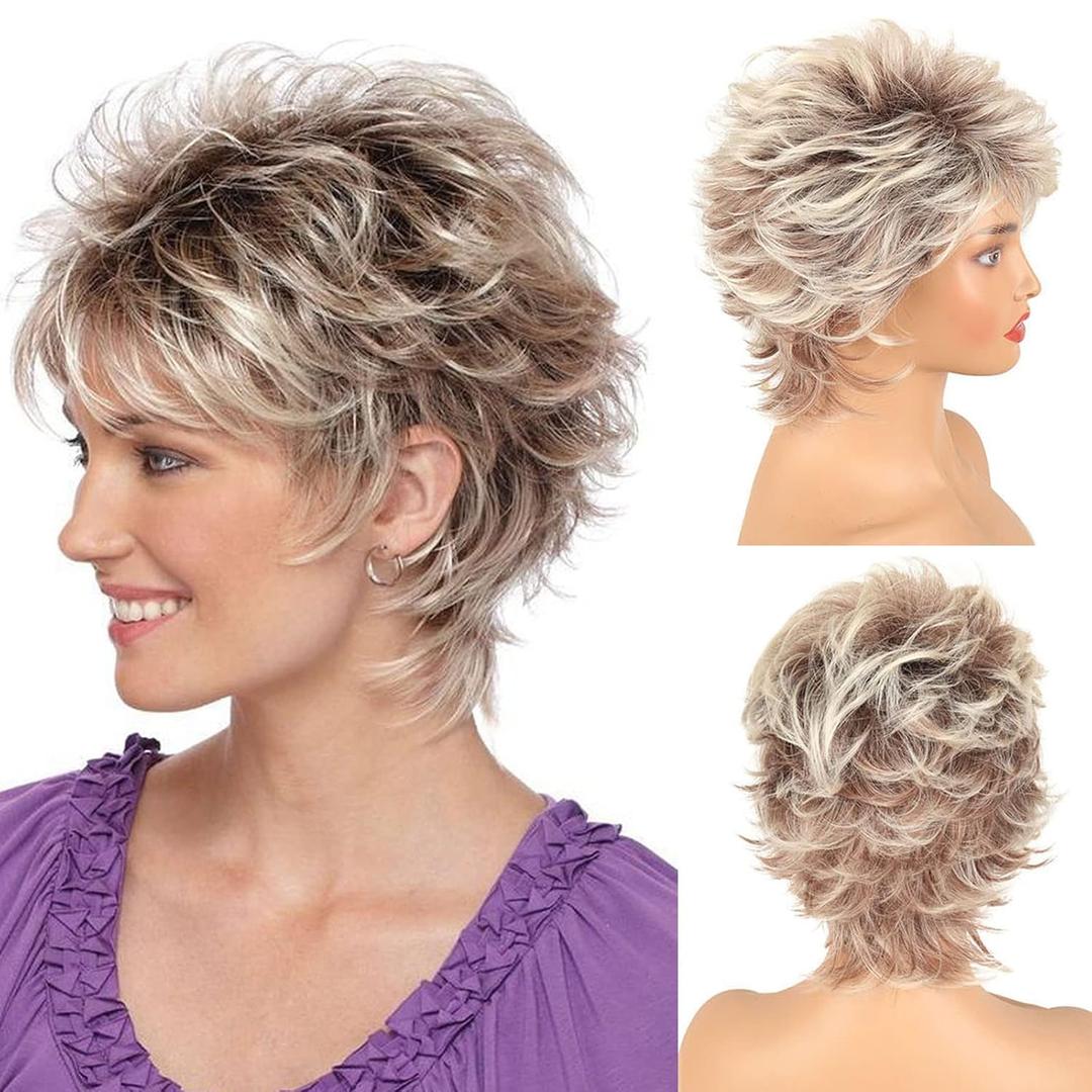 LEOSA Short Ombre Blonde Wig with Bangs for White Women Highlight Brown Pixie Cut Wig Synthetic Wavy Curly Light Blonde Mixed Brown Layered Natural Hair Fluffy Heat Resistant