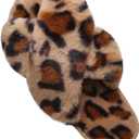 LZLER Womens Cross Band Slippers, Soft Plush Fleece Lightweight Non Slip Open Toe Flip Flop Shoes House Indoor Outdoor Fur Fuzzy Slippers (5-6, Brown Leopard)