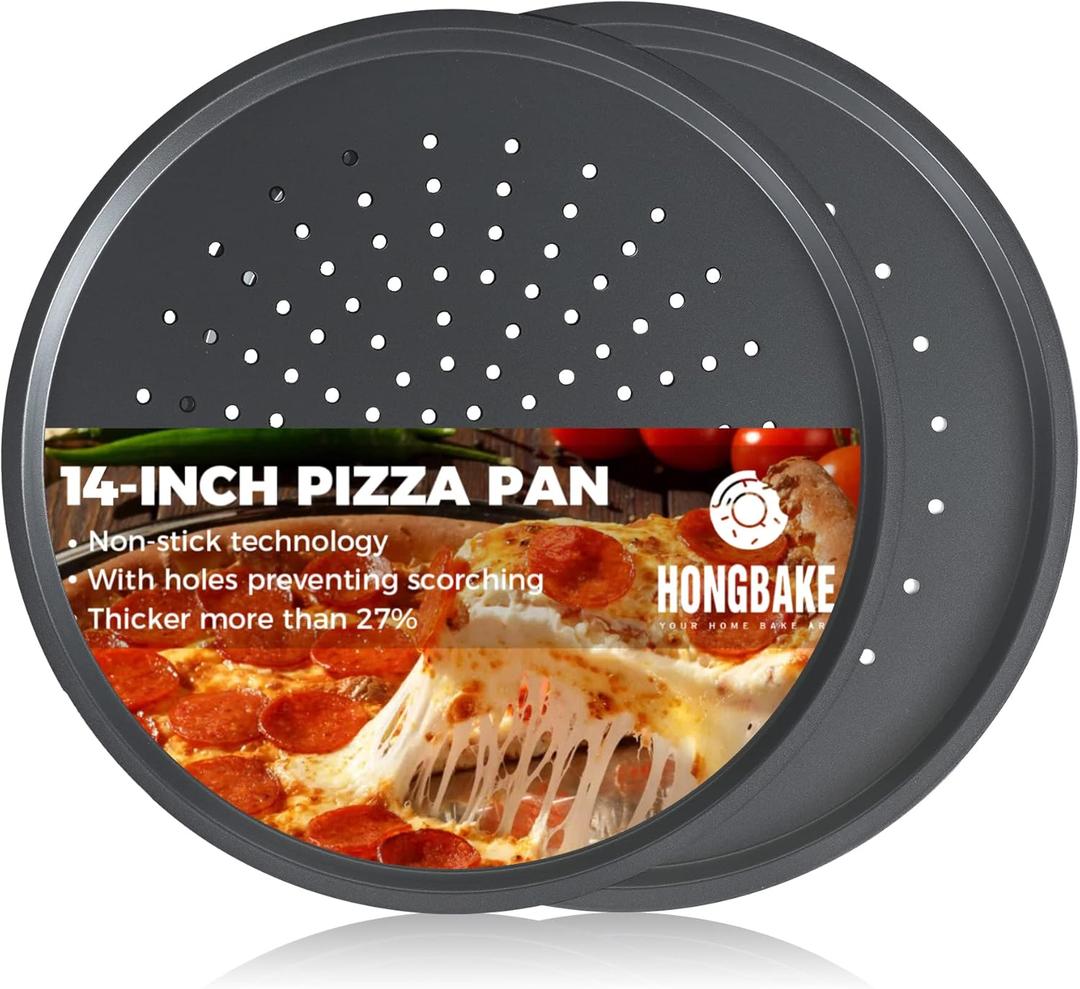 HONGBAKE 14.8 Inch Pizza Pan with Holes, 2 Pack Non-Stick Pizza Pan for Oven, Carbon Steel Perforated Pizza Tray, Crispy Pizza Set, Round Baking Sheet for Frozen & Homemade Pizza, Grey (Gray)