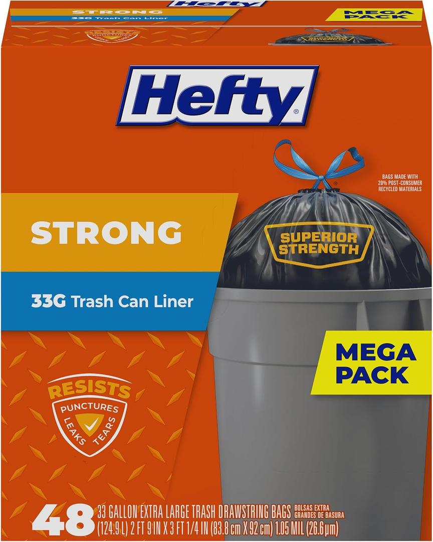 Hefty Strong Extra Large Trash Bags, Black, 33 Gallon, 48 Count