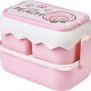 TOPINCN Cute Cartoon Microwaveable Lunch Box With Independent Compartment, Plastic Stackable Container (Pink)