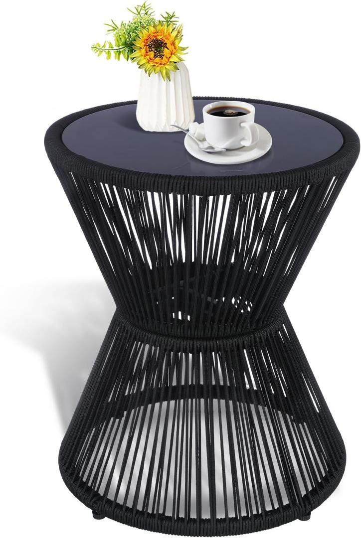 LEWIS&WAYNE Small Outdoor Side Table Patio 20 H Woven Rope Hourglass End Table with Glass Top Round Coffee Table for Living Room Outdoor Patio Backyard Poolside(Black)