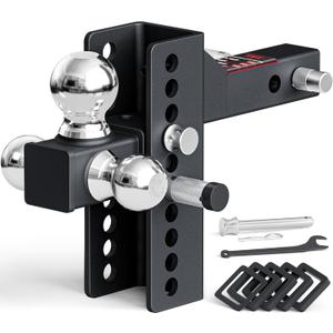 TYT Anti-Rattle Adjustable Trailer Hitch Tri-Ball Mount, Fits 2" Receiver, 4-1/2" Rise/Drop, 1-7/8"&2"&2-5/16" Ball, Heavy Duty Towing 10000lbs GTW