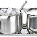 Sugar and Creamer Set, Coffee Serving Set, Stainless Steel Latte Milk Cup Cream Jug and Sugar Bowl with Lid and Spoon Tray Server for Coffee Tea Pepper Spices