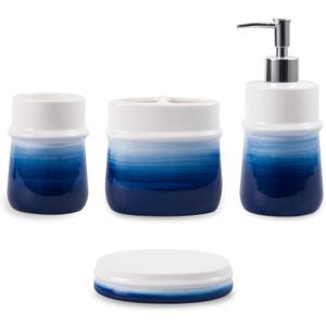 Navy Blue Bathroom Accessories Set, 4-Piece Blue Ceramic Bathroom Decorations Accessories Set,Contain Toothbrush Cup,Soap Dispenser,Soap Dish,Tumbler
