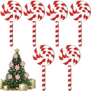 Huwena 6 Pcs 16'' Large Christmas Candy Ornaments Christmas Lollipop Ornament Double Sided Printing Peppermint Xmas Ornament Decorative Hanging Ornament Pendant for Xmas (Red, White,Wood)