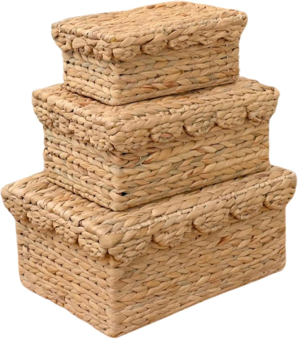 Scalloped Basket Set of 3  Woven Seagrass Storage Baskets with Lids  Decorative Natural Bins Baskets for Organizing, Boho Home, Shelves, Bathroom Decor
