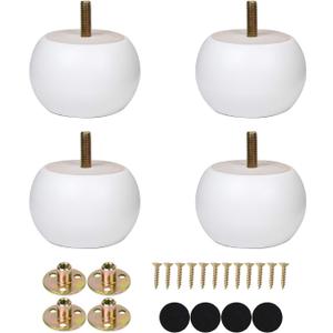 2 Inches White Bun Feet for Furniture Solid Wood Round Replacement Legs Set of 4 for Chair Ottoman Predrilled M8 Bolt