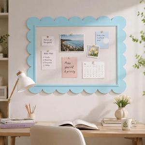 Maitys 24 x 36 Inch Scalloped Pinboard Blue Framed Pin Board Linen Display Bulletin Board Framed Cork Boards for Walls Fabric Bulletin Boards for Home Office Picture Vision Display Memo Note