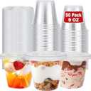 50 Pack 9 oz Disposable Clear Plastic Parfait Cups with Flat Lids, Yogurt Parfait, Putting Cups for Cake, Cold Drink, Ice Cream, Fruit, Salad