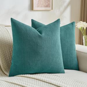 FUTEI Pack of 2 Solid Chenille Throw Pillow Covers 22x22 Inch Soft Cozy Wheat Ear Striped Textured Decorative Cushion Cases Modern Farmhouse Accent for Couch Bed Living Room, Teal