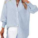 Women's Striped Button Down Shirts Long Sleeve Smocked Cuffed Oversized Boyfriend Blouses Collared Work No Pockets Tops (Blue)