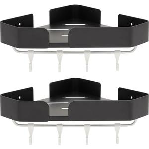 Juvale Bathroom Corner Shelves with Hooks, Wall Mounted Shower Caddy (12.5 x 8.2 In, Black, 2 Sets)