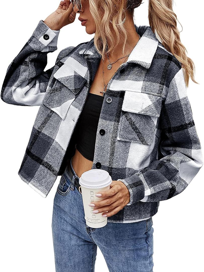 Binshre Womens Cropped Plaid Shacket Flannel Long Sleeve Button Down Jackets Coat for Women (Medium)