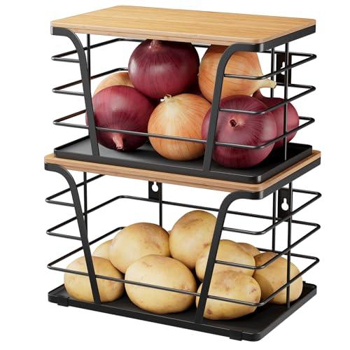 2 Pack Potato and Onion Storage Bins, Stackable Kitchen and Pantry Organizer with Bamboo Top & Lightweight PP Mat, for Vegetables, Fruit, Onion, Potato, Garlic - Pantry, Kitchen Storage Bins (Black)