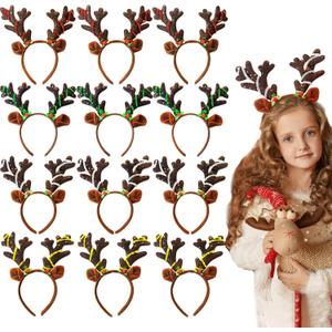 12 Pcs Reindeer Antlers Headband, Glitter Sequins Christmas Ears Headband, Deer Hairbands for Kids & Adults, Perfect for Holiday Photo Booth Props & Party Favors