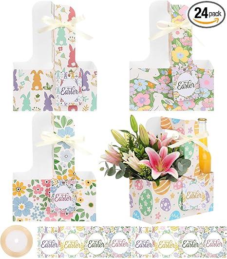 LemonRoad 24 Sets Easter 2 Cup Drink Carriers with Handles, Happy Easter Party Favors Gift Supplies, 4 Style Cardboard Cup Holders with Gift Cards for Women Bunny Party Decoration Table Decor