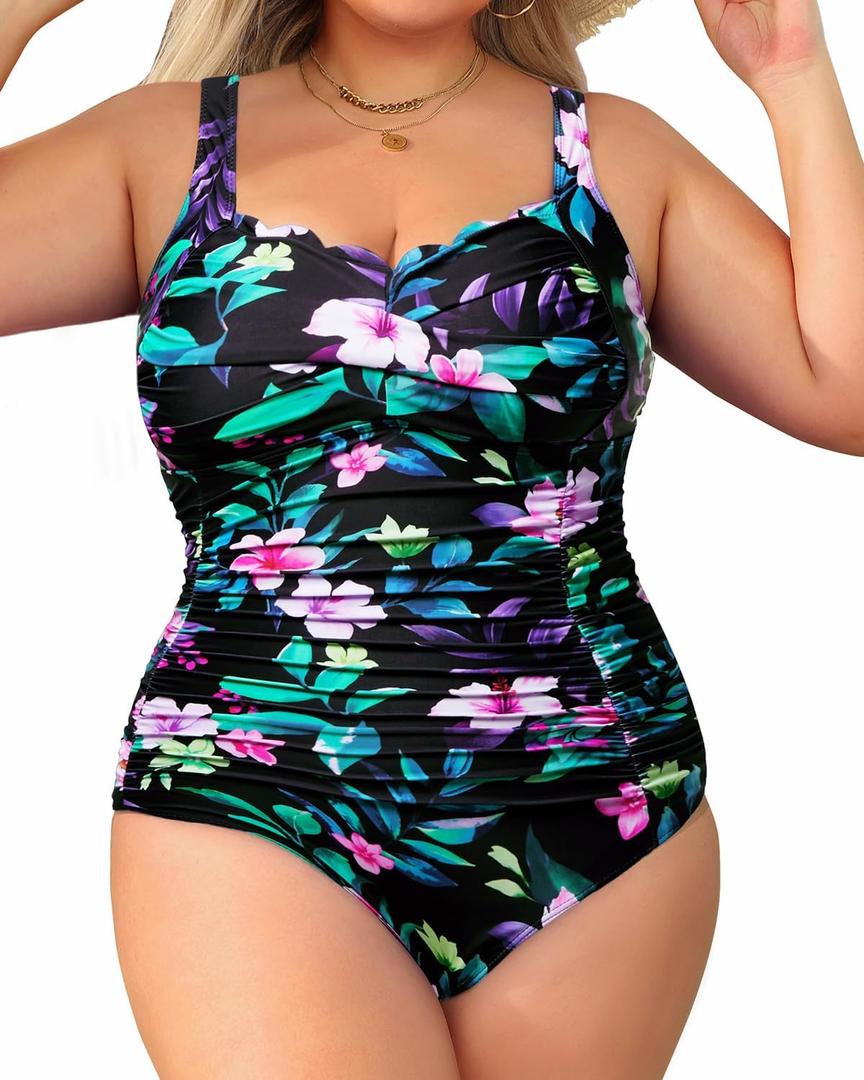 Aqua Eve Womens Plus Size One Piece Swimsuit- Tummy Control Bathing Suit Full Coverage Swimwear Black and Purple Floral, 18W
