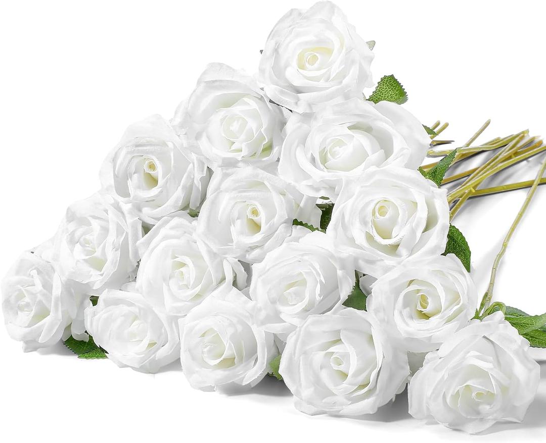 Hotop 20 Pcs Artificial Rose Flowers with Long Stem,Real Touch Silk Realistic Plastic Bouquet Roses Bulk for Home Decor Bridal Wedding Party Table Centerpieces Decorations(Pure White)
