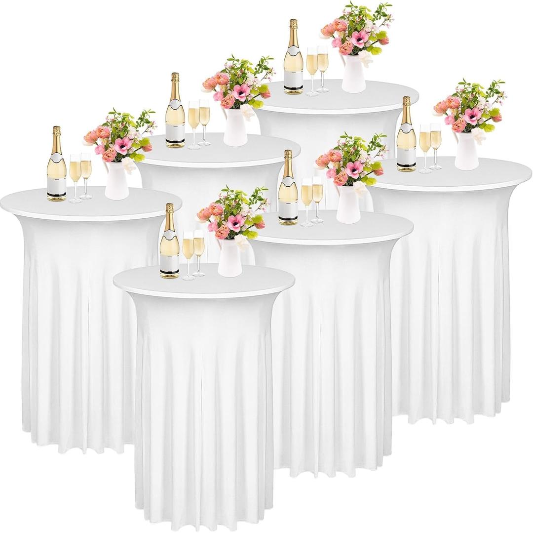 6 Pieces Cocktail Table Skirt Round Cocktail Table Covers 32 x 43 Inch Spandex Stretch High Top Table Cloth for Wedding Table Bar Banquet Party Supplies (White)