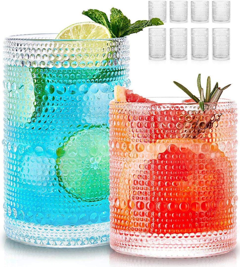 Hobnail Drinking Glasses Set of 8, 4pcs 15oz Highball Glasses & 4pcs 12oz Clear Glass Cups,Kitchen Bar Vintage Embossed Glassware Sets for Whiskey,Cocktail,mocktails,Wine, Water & Juice Drinkware