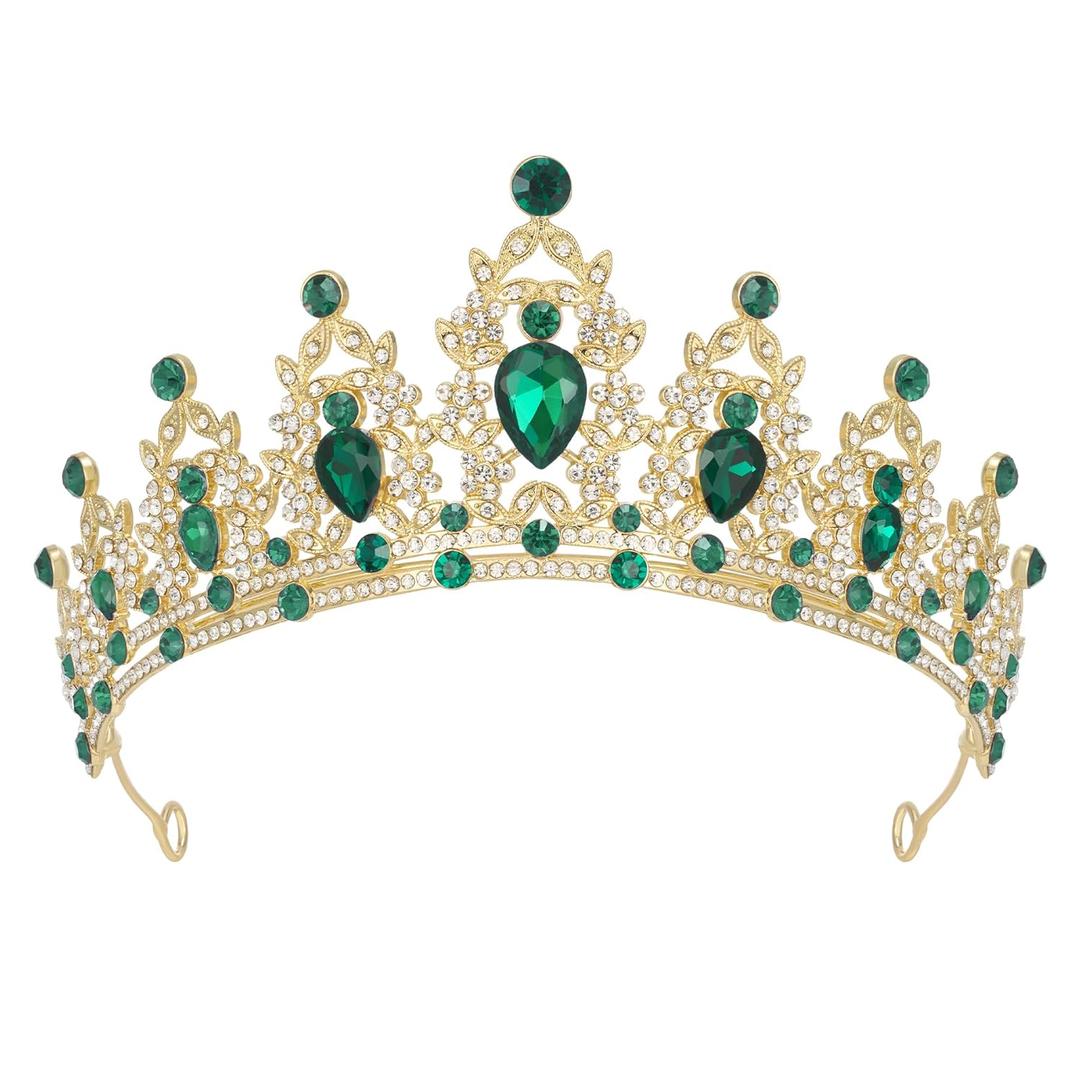 SWEETV Green Queen Crown and Princess Tiaras Adult,Crystal Crown for Women and Girls, Headband for Bride Wedding Bridal Birthday Quinceanera Pageant Party Prom,Halloween Costume Cosplay Accessories (Gold+Emerald Green)