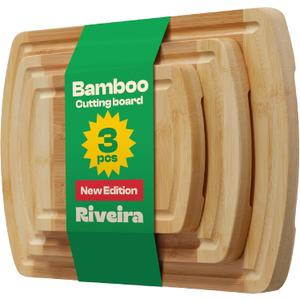 Riveira Two Tone Bamboo Wood Cutting Board  Versatile And Durable: Set Of 3 Pcs Rectangular Wooden Cutting Board  Natural Wooden Cutting Boards For Kitchen  Complete Bamboo Wooden Chopping Board