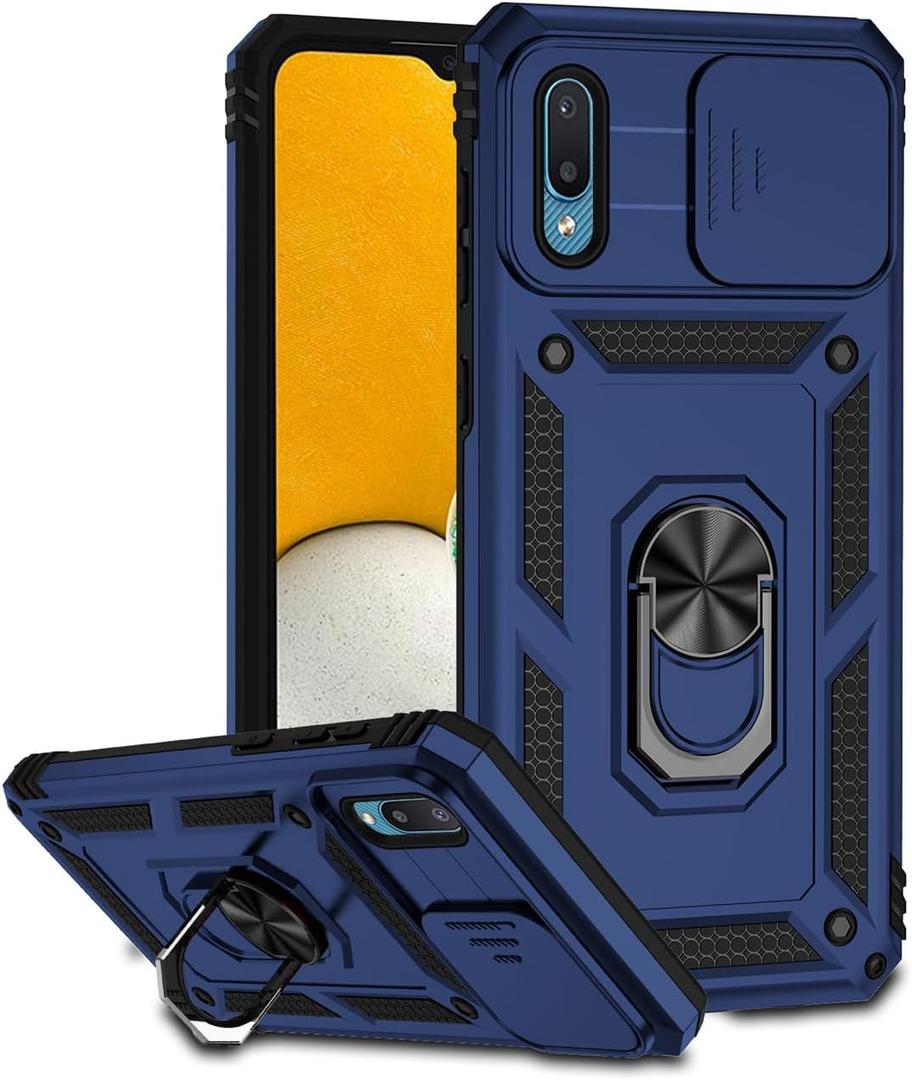 Case for Galaxy A02 Case, Samsung M02 SM-A022F Case with Slide Camera Cover, Built-in 360 Rotate Ring Kickstand Magnetic Shockproof Phone Cover for Samsung Galaxy A02 Blue