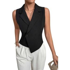 Floerns Women's Collared Wrap V Neck Single Button Sleeveless Vest Blazer Jacket Coat Black Large
