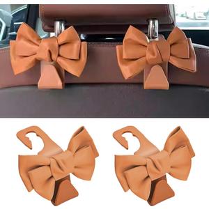 2 PCS Car Seat Headrest Hooks, Cute Bow Shaped Vehicle Backseat Storage Hooks, Leather Bow Shaped Sturdy Car Seat Back Hooks for Purses/Coats, Car Accessories (Brown)