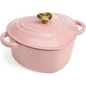 Paris Hilton Enameled Cast Iron Dutch Oven Heart-Shaped Pot with Lid, Dual Handles, Works on All Stovetops, Oven Safe to 500F, 2-Quart, Pink