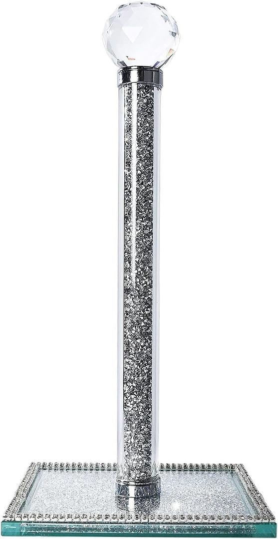 Paper Towel Holder Stand, Silver Countertop Paper Towel Roll Dispenser Holders with Square Base,Tissue Holder Filled with Sparkly Crystal Crushed Diamond House Decor for Kitchen Bathroom, Heavy Weight