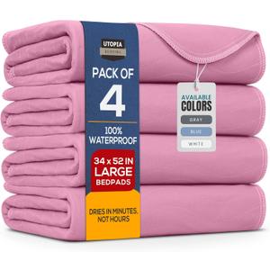 Utopia Bedding Washable Underpads 34" x 52" (Pack of 4), Waterproof Reusable Heavy Absorbency Incontinence Bed Pads for Adults, Kids, Elderly and Pets, Bedwetting Pads for Sofa and Couch (Pink)