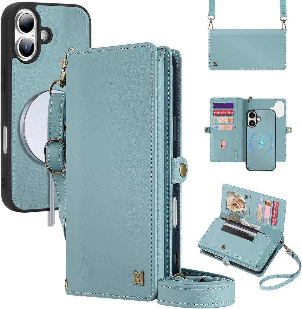 for Wallet Case Compatible with iPhone 17,Multi-Function Detachable 2 in 1 Magnetic iPhone 17 Case Wallet,Flip Strap Zipper Card Holder Phone Case with Shoulder Straps (Blue)