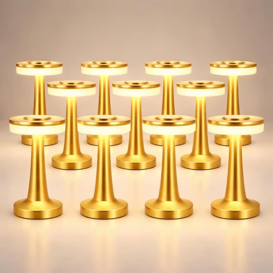 Riakrum 12 Pcs Gold LED Portable Cordless Table Lamp Bulk with Touch Sensor 3 Color Stepless Dimming Rechargeable Battery up to 15 Hours Cordless Table Light Wireless Lamp Wedding Home