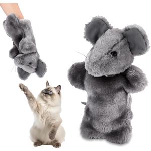 Cat Wrestling Toy Puppet Glove, Mouse Shape Cat Interactive Toy with Protective Pad Plush Animal Hand Puppet Doll for Pet Kitten Indoor Safe Fun Play Gifts, Training and Exercise (Gray)