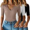 Riyiper 3 Pack Women's Half Sleeve Top Elbow Length Ribbed Cotton T Shirt Women V Neck Summer Tee Slim Fit Casual Blouses (Medium, Black, White, Khaki)